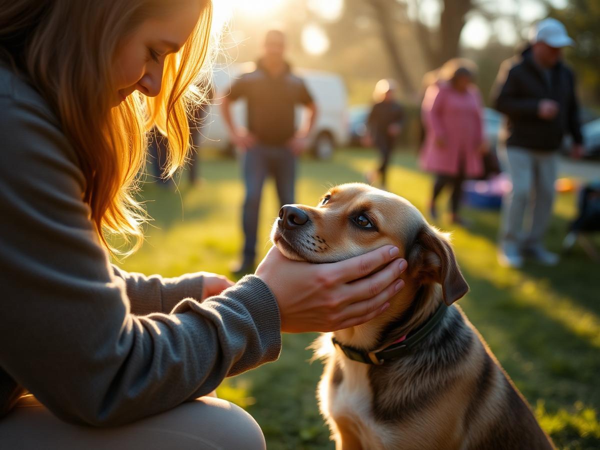 A person gently caring for a rescued dog in warm sunlight