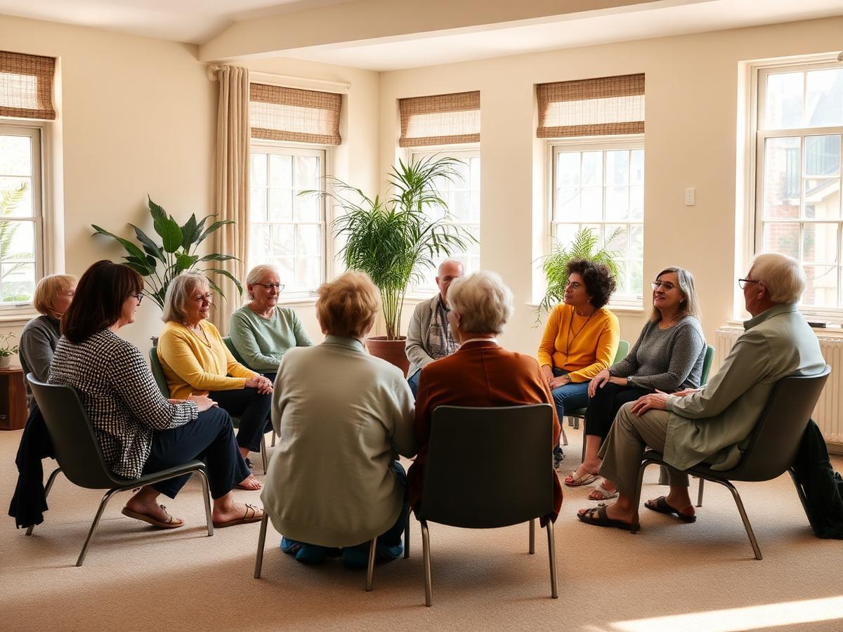 A small group in a bright community room during a wellness workshop