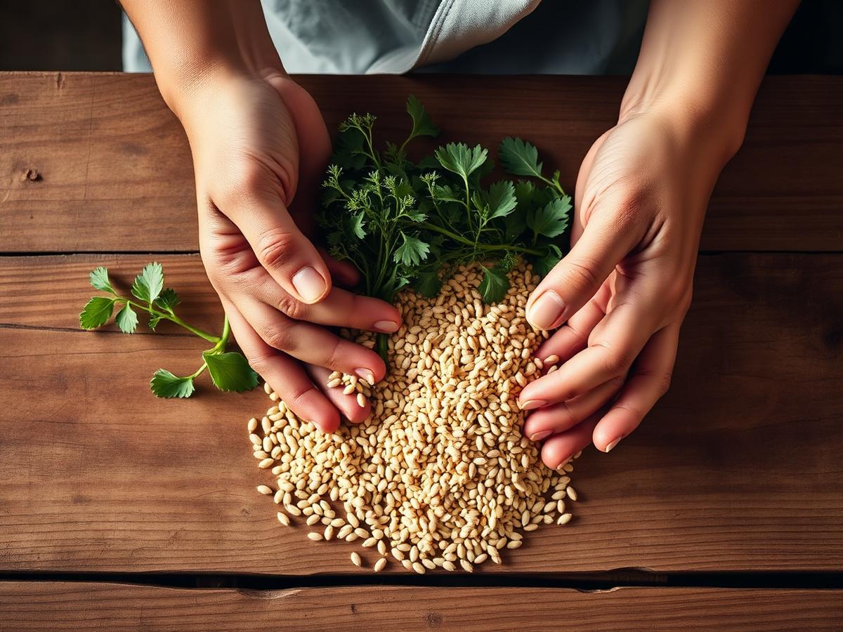 Hands holding fresh grains and herbs on a wooden table